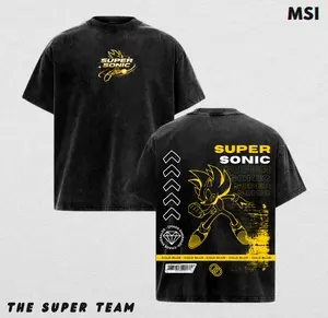 Super Sonic Graphic Hoodie – Gold Line Art Vintage Washed Oversized Anime Game Hoodie – Heavy Cotton Unisex Streetwear Pullover