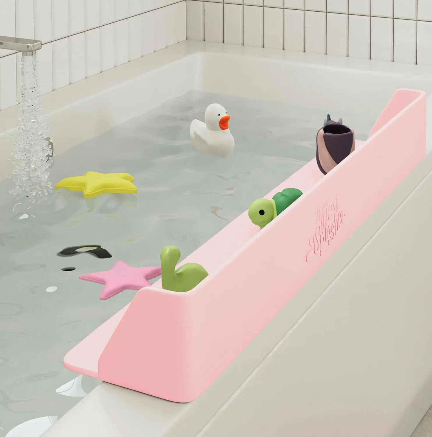 Bathroom Bathtub Bloom PlayPad - Suction Cup Splash Guard Play Shelf with Tray Holder Storage - Prevents Water Spills (Pink)