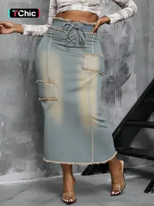 Summer New Plus Size Slim Fit Denim Midi Skirt, Vintage Frayed Edge Design, Casual All-Season Wear, Plain Pattern, Comfortable Style