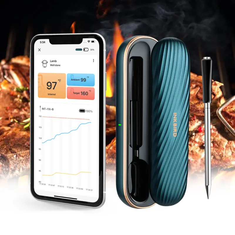 INKBIRD Portable Food Temperature Thermometer - Wireless Bluetooth, Stainless Steel Probe, 25-Hour Battery, Dual Temp Sensing, Ambient Temp Check, USDA Menus Compatible, IP67 Waterproof Ceramic Kitchen Gadgets, Timer, Barbecue Utensils, Anniversary Gifts