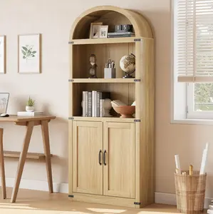 Arched Bookcase with Doors 5 Shelf Bookshelf Tall Bookcase Farmhouse Display Storage Rack Wooden Bookshelves for Home Office, Living Room