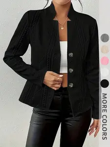 Women's Spring & Fall Long Sleeve Coat, Textured Knit Buttoned Blazer Jacket, Elegant Slim-Fitting Stand Collar Outerwear