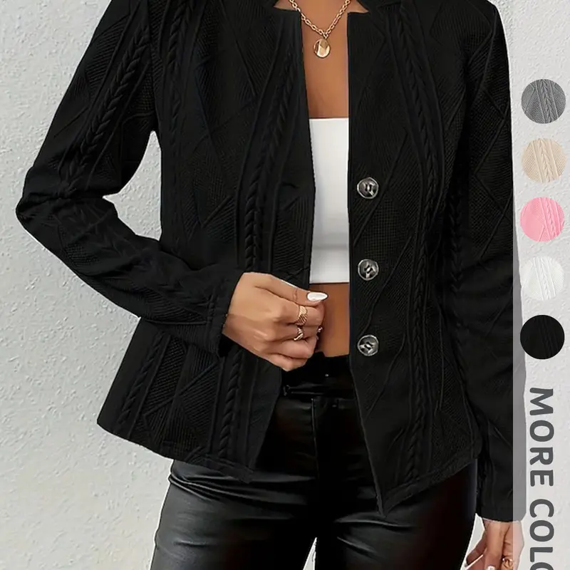 Women's Spring & Fall Long Sleeve Coat, Textured Knit Buttoned Basic Casual Blazer Jacket, Elegant Slim-Fitting Stand Collar Outerwear Knitwear, Fashion Knitwear, Collared Knit Clothing
