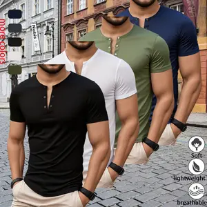 Top 4-Pack Men’s Casual Henley Shirts, Short Sleeve, Button Placket, Breathable Fabric - Ideal for Beach Vacations and Everyday Wear