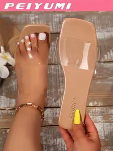 Women's Large Size Flat Sandals, Vacation Style Summer Outdoor Wear, Casual Transparent Slip-On Slippers, PU Leather Square Toe, Leather Slide Sandals