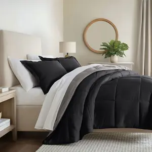 Reversible Comforter and Shams Set, Ultra Soft - Becky Cameron, Black / Fog, Twin/Twin Extra Long
