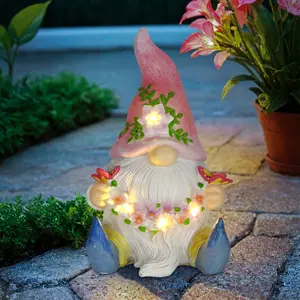 Gnome Statue, Resin Gnome Figurine Holding Butterfly with Solar LED Lights, Outdoor Statues Garden Decor for Patio Yard Lawn Porch, Gardening Gifts