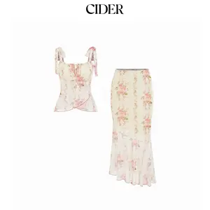 Cider Mesh Floral Bowknot Cami Top & Mid Rise Maxi Skirt Set
