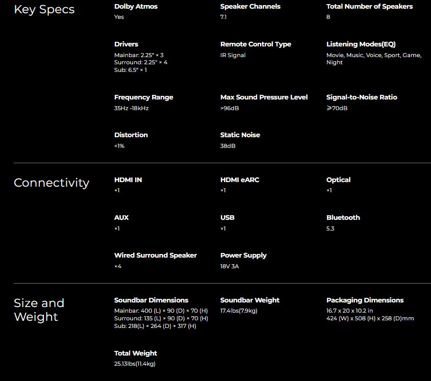 ULTIMEA Poseidon D80 BOOM Soundbar 7.1ch Dolby Atmos with Explosive Deep BASS Subwoofer, 4 Wired Surround Speakers, Subwoofer, HDMI eARC, Bluetooth & App Control – 2025 New Version Home Theater System for Powerful Surround Sound Experience, Black Friday