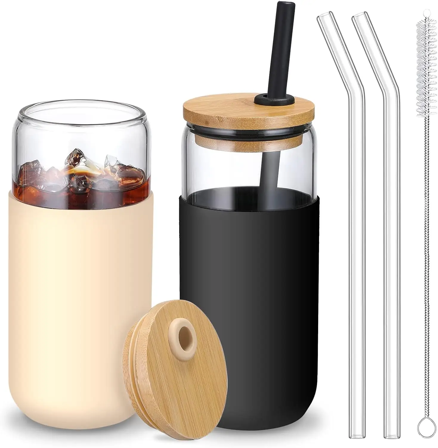 2 Pack 20 OZ Glass Cups with Bamboo Lids and Straws-Beer Can Shaped Drinking Glasse with Silicone Protective Sleeve Set for Iced Coffee,Water,Smoothie