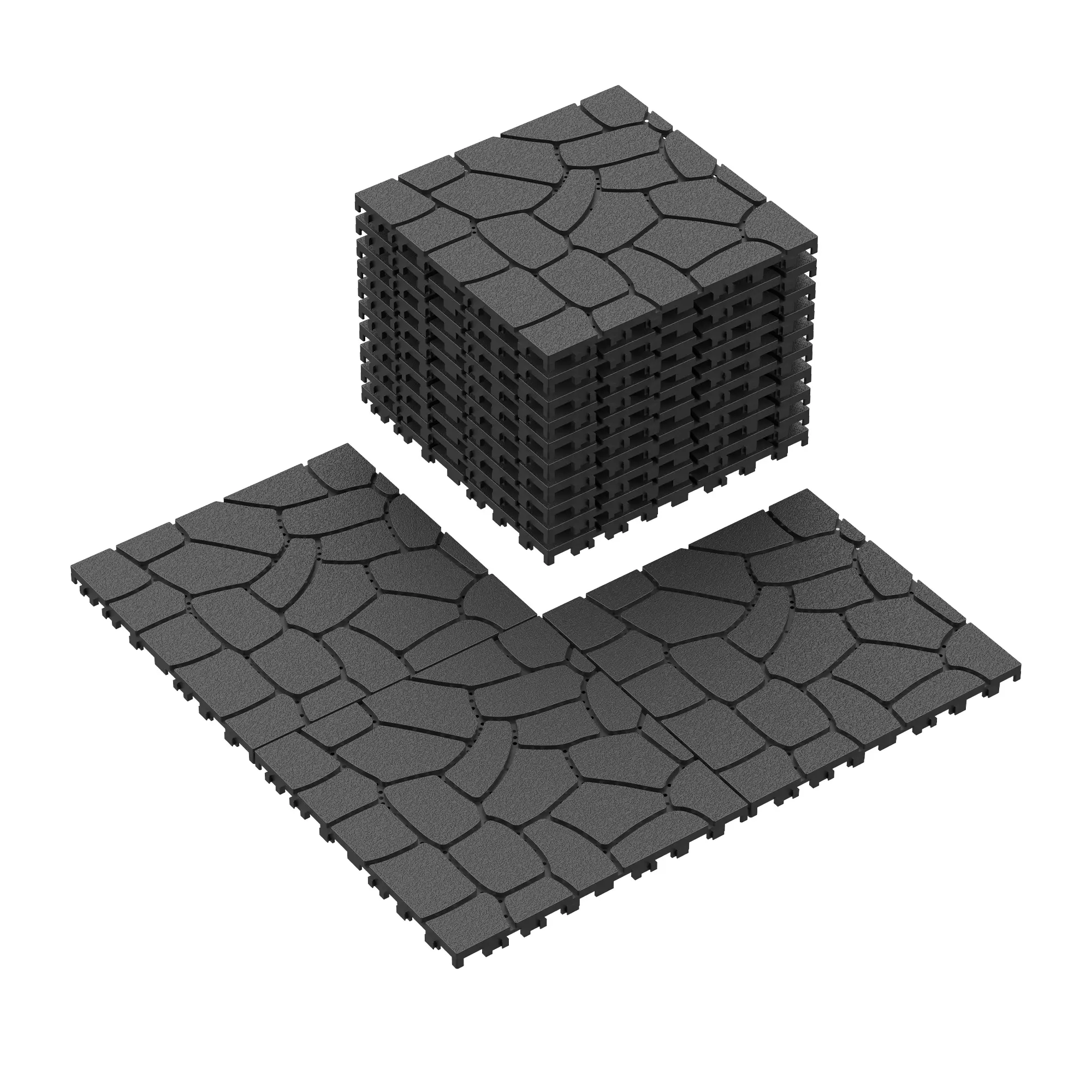12-Inch Interlocking Patio Deck Tiles, Dark Gray Polypropylene, 44-Pack, DIY Snap-Together Outdoor Flooring with Drainage, Stone Texture, for Porch, Poolside, Balcony, Backyard, Garage