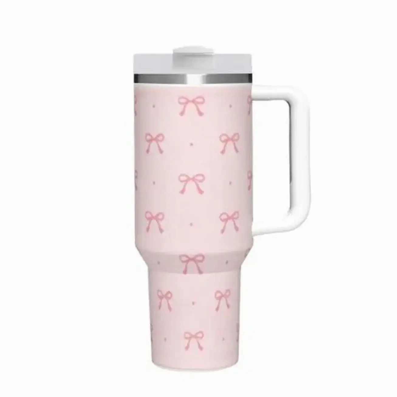 40oz Pink Coquette Bow Tumbler With Handle, Cute Pink Bow Dot Print Stainless Steel Insulated Travel Mug For Women Girly Gift