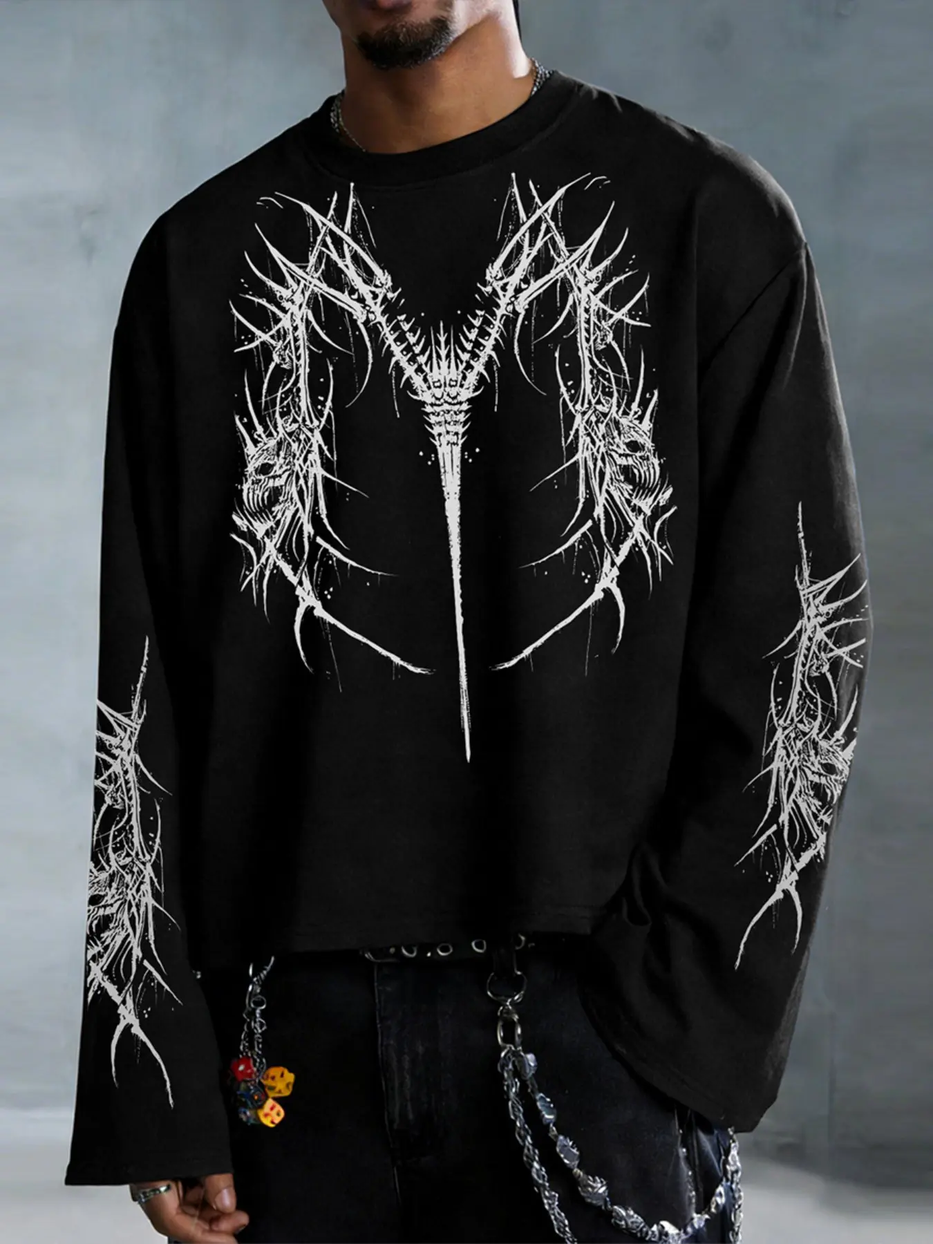 Cyberpunk Metal Thorn Round Neck Long Sleeve Top, Streetwear, Classic, Geometric Pattern, Casual Fitted Style, Long Clothing Length, No Ca Prop 65 Warning