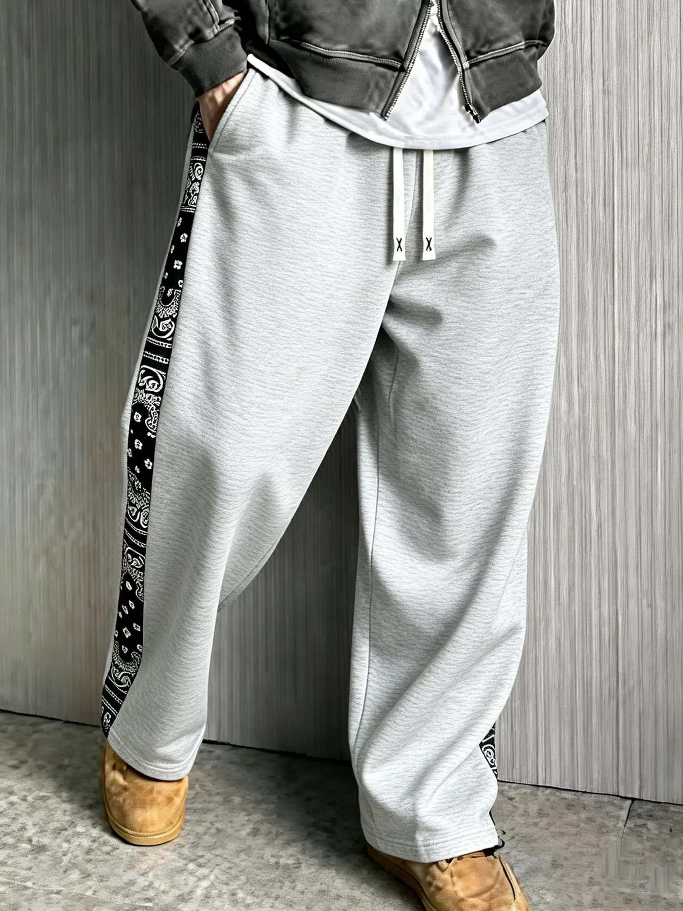 Men’s drawstring wide-leg sweatpants with fruit-of-the-loom patchwork, light gray vintage street-style casual pants Black Drape Elastic Menswear Canvas Classic