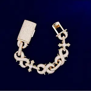 [ICE HUE] 18K Gold Vacuum Plated Copper Bracelet with 5A+ Sri Lanka Zircon, 8-Shaped Thorn Cross Design, Hip-Hop-Inspired Luxury Costume Jewelry for Men & Women, Daily Wear Gift Idea
