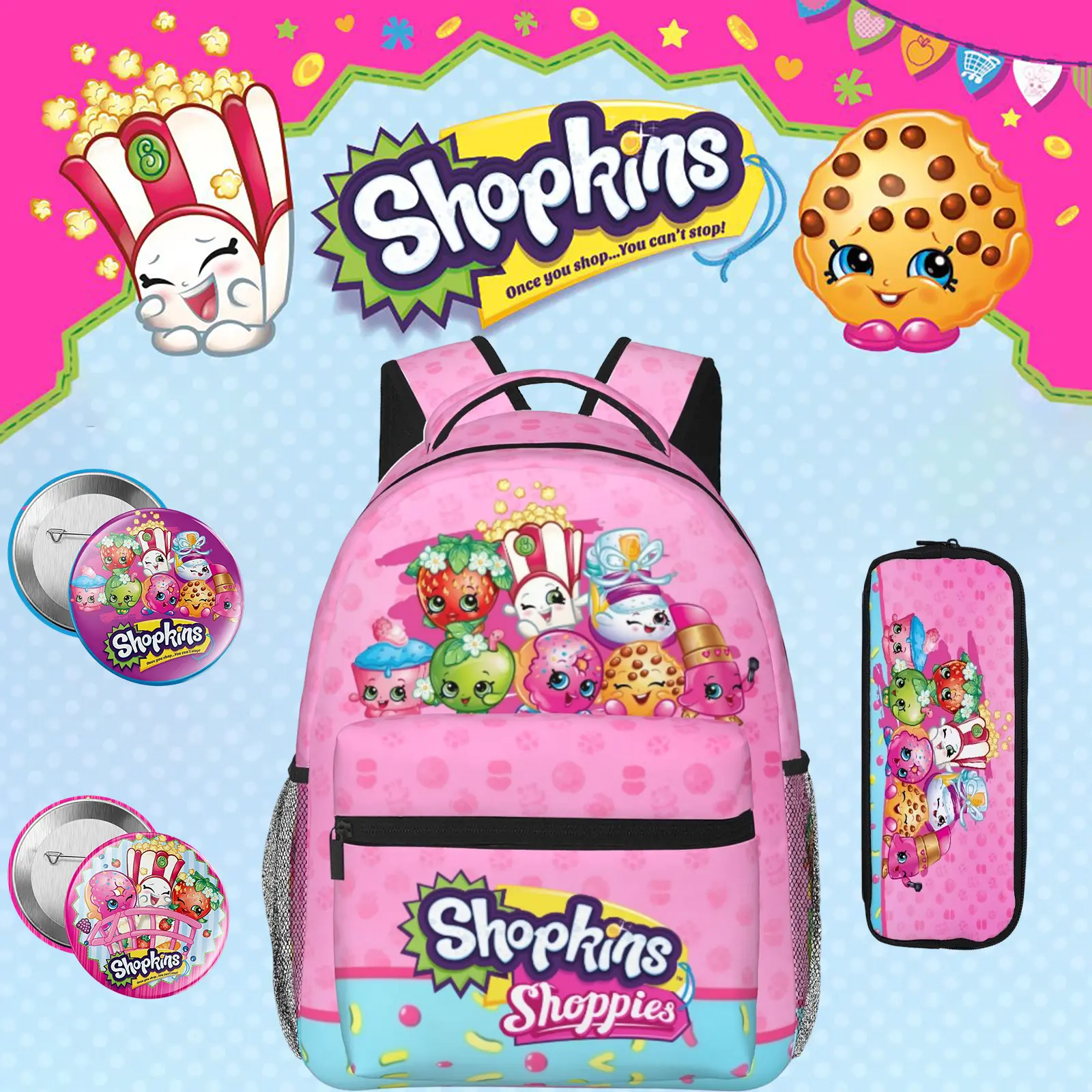 Shopkins 15.7 Inch Kids Backpack for Girls, Cute Cartoon Character School Bookbag with Side Mesh Pocket, Pink Purple Polyester Backpack for Elementary School