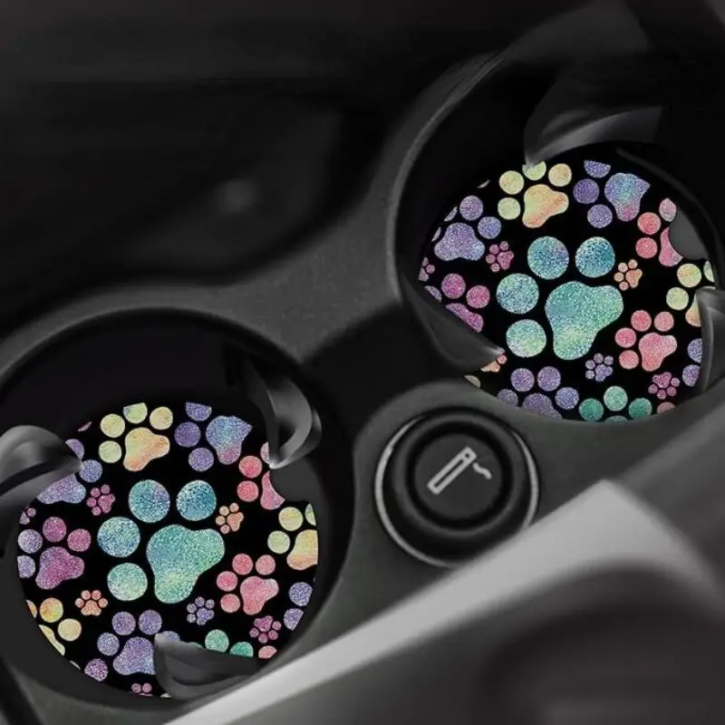 Cute Paw Print Car Coaster, 1 Pair Waterproof Car Cup Mat, Auto Interior Decoration, Car Accessories