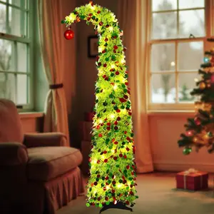 5 ft Christmas Whimsical Pop up Curved Tree with 50 LED Light String Decorations Curved Plastic Tree with Red Ball Top Red Lime Green Tinsel for Xmas , Apartment, Office