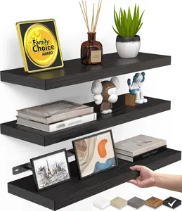 Floating Shelves for Wall, Wall Mounted Rustic Wood Shelves for Bathroom, Bedroom, Living Room, Kitchen, Hanging Shelf for Books/Storage/Room Decor with 22lbs Capacity (Black, Set of 3, 15.7in)
