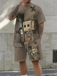 Men's Summer Cartoon Cardboard Doll Pattern 3D Printed Casual Clothing - Breathable Polyester Short Sleeve T-Shirt & Shorts, Machine Washable, Summer Streetwear