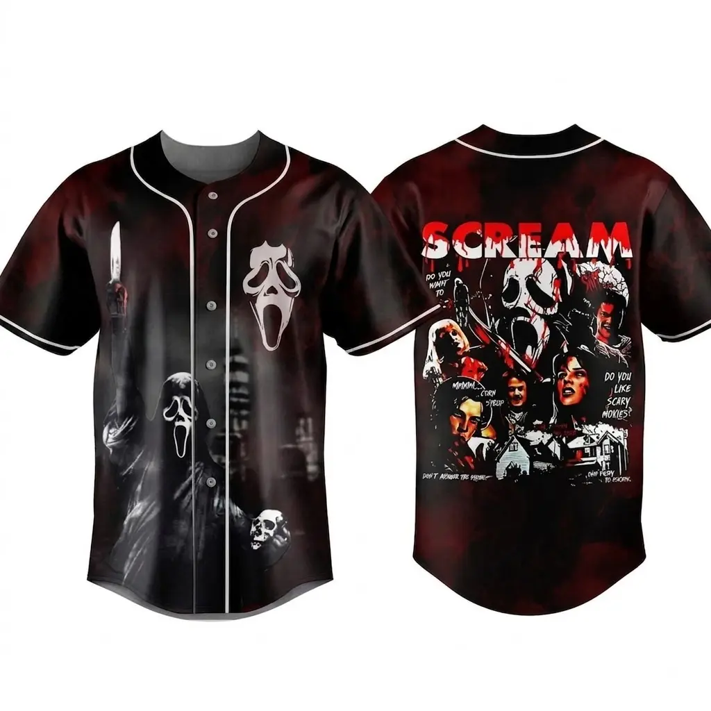 Ghostface Inspired Scream Baseball Jersey – Horror 3D Graphic Button Up Shirt, Spooky Father’s Day Gift and Casual Fan Streetwear