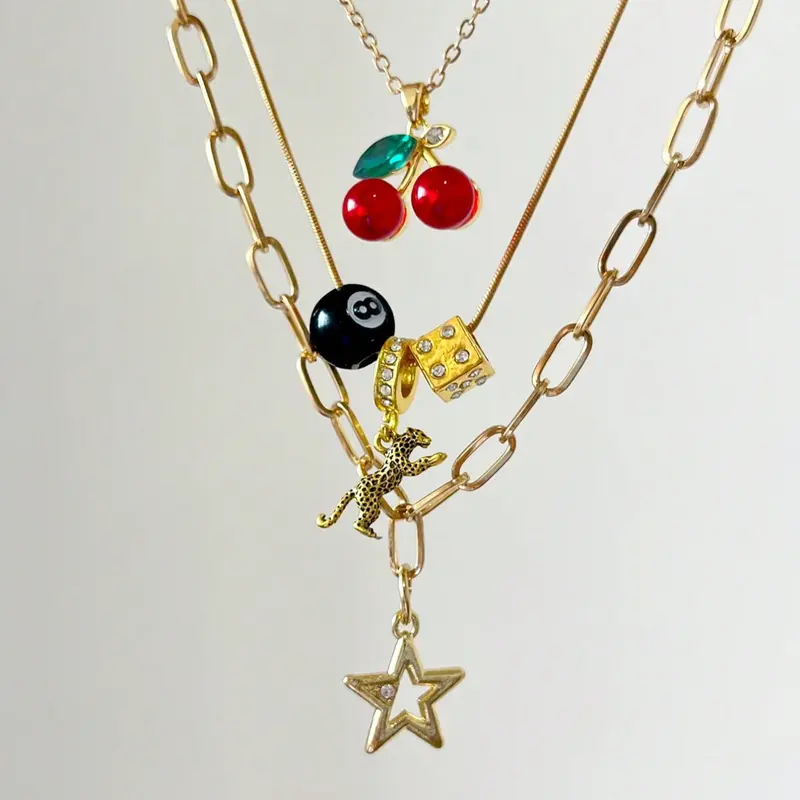 3-Piece Leopard & Cherry Set with 8-Ball Billiard Dice Charm and Fashionable Star Design, Classic Necklace Set Suitable for Daily Wear, Necklace Stack