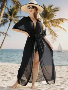 Solid Batwing Maxi Kimono Cardigan for Women - Relaxed Fit Beach Cover-Up for Summer Beach