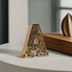 Antique Gold-Finish Carved Letter(A to Z) & Number(0 to 9) Block Solid Mango Wood