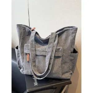 Simple Solid Color Corduroy Tote Bag For Women, Large Capacity Casual Outdoor Vacation Travel Shoulder Bag, Lightweight Versatile Shopping Groceries Storage Handbag, Portable Multi-Pocket Commuting Bags For Daily Office Work
