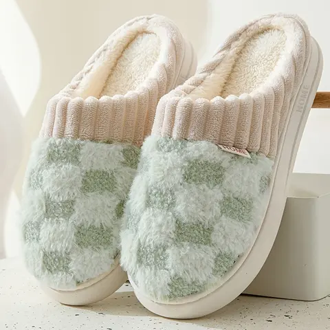 Checkered Fluffy Warm Home Slippers Plush Cotton Slippers For Women Winter Closed Toe Soft Sole House Shoes Cozy Bedroom Slippers