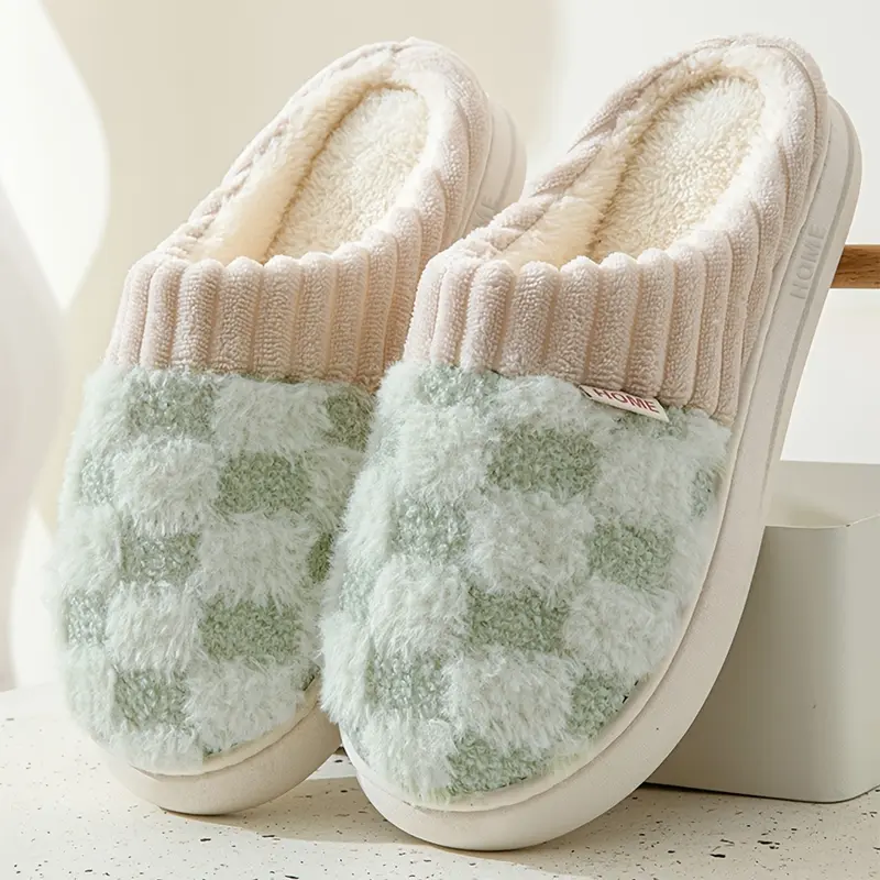 Checkered Fluffy Warm Home Slippers Plush Cotton Slippers For Women Winter Closed Toe Soft Sole House Shoes Cozy Bedroom Slippers
