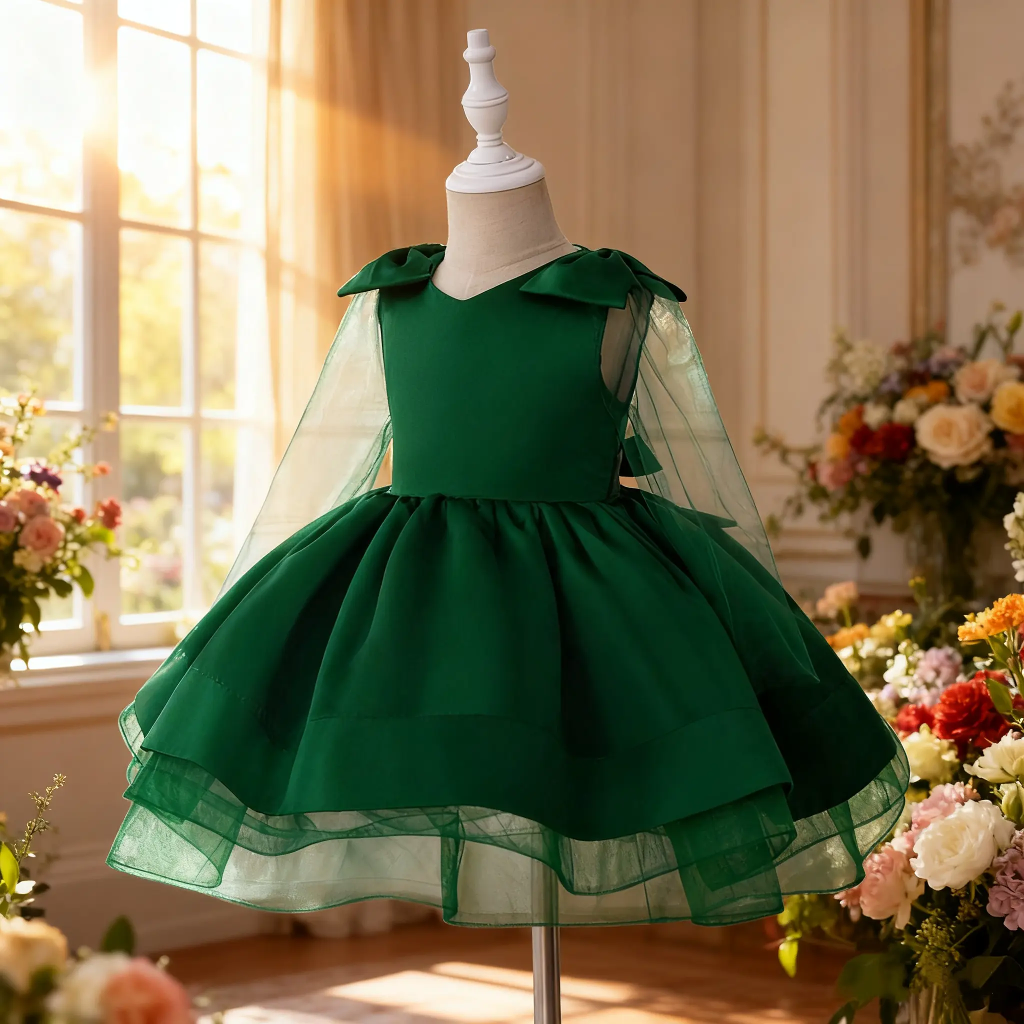 104 Dress For Kids Birthday Emerald Green Floral Princess Dresses Ootd For  Baby Girl Summer Tulle Kids Princess Dress - TikTok Shop