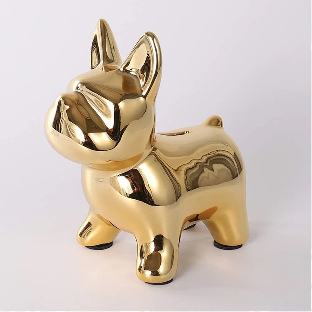 Ceramic Frenchie Decor with Non-Slip Pad, Decorative Coin Piggy Bank, French Bulldog Statue Decor, Gold Dog Decor, Bookshelf Decorative Objects for Bedroom, Coffee Table Decor Items