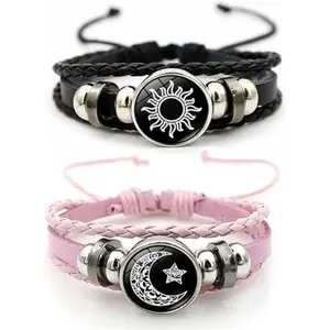 Luminous Sun and Moon Couple Bracelet - Glow in the Dark Matching Braided Leather Jewelry for Couples, Adjustable Long Distance Love Gift for Him & Her (black, pink)