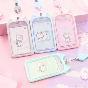 Creative Cat Student Campus Card Holder, Retractable Bus Card Case with Lanyard, Meal Card Access Control ID Card Cover, Id Badge Holder
