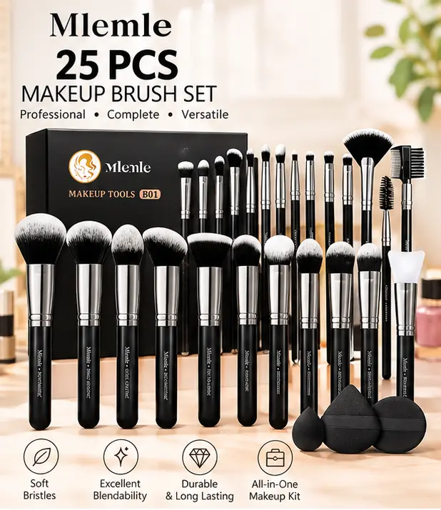 25-Piece Professional Makeup Brush Set, 21 Makeup Brushes with 2 Powder Puffs & 2 Makeup Sponges, Black