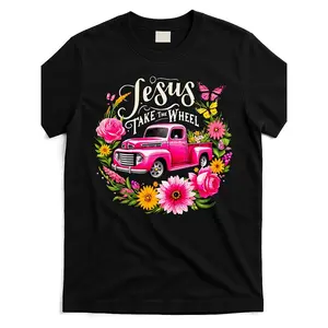 "Jesus Take The Wheel" Pink Vintage Truck Floral T-Shirt 100% Cotton Soft Casual Women's Christian Faith Short Sleeve Graphic Tee