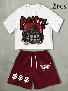 Men's Summer 2-Piece Set, Graffiti Style Boy Graphic Pattern Print T-Shirt with Rhinestones + Drawstring Shorts, Casual Loose Fit Outdoor Wear