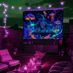 Wizard DJ Jellyfish Mushroom Fluorescent Tapestry - Halloween Outdoor Large Wall Hanging Decor for Yard Party, Hole-Punched Easy Hang, Festive Gift, Polyester, No Electricity Needed