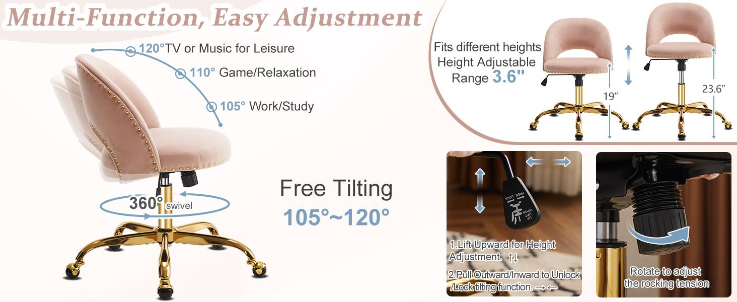 Karlhome  Modern Velvet Small Office Chair,Cute Desk Chair with Wheels,Gold Base/Studs, Comfy Armless Swivel Vanity Task Chair for Women/Girl/Kids, Nail Tech Chair for Bedroom,Small Space,Pink