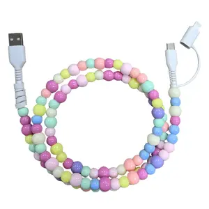 Pearl-Decorated Charging Cable, Cellphone - Compatible with all devices USB-C and Lightning interfaces 2-in-1 data cable, 3.3 feet in length, for fast charging, Type C Charging, available in multiple colors, Holiday gifts, Aesthetic