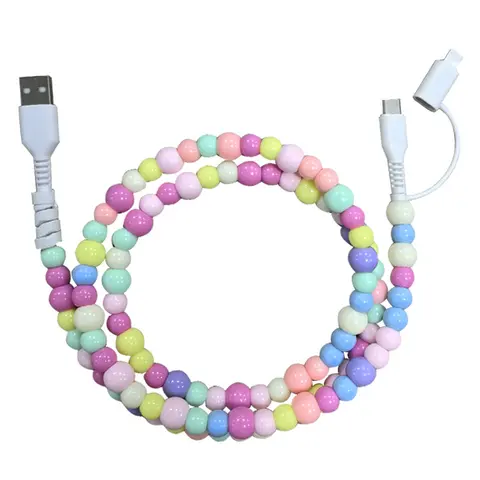 Pearl-Decorated Mobile Charging Cable, Compatible with devices USB-C and Lightning interfaces 2-in-1 data cable, Type C Wired, 3.3 feet in length, fast charging, multiple colors, Beaded Charging Cable, Holiday gifts