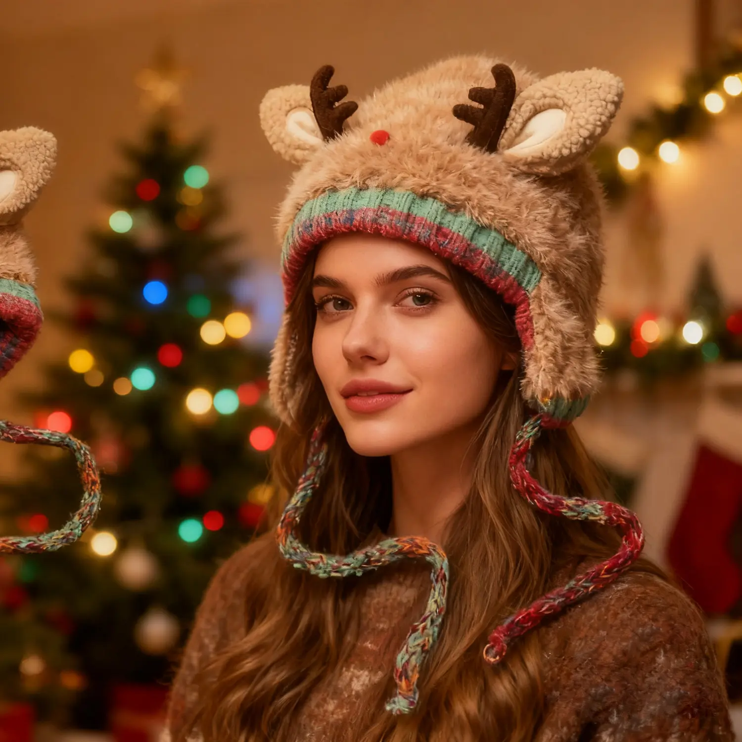 Christmas Antler Hat Knitted Ear Protection Windproof Warm Hat for Adults & Children Festive Reindeer Design without limiting the circumference of the head Multiple uses for making backpacks adult family