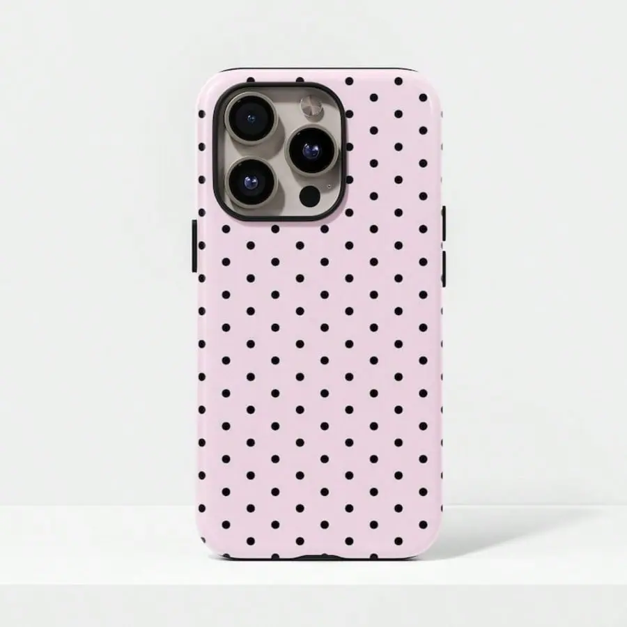 Cute Y2K Style Pink Base Black Polka Dot Cellphone Cover, Smartphone Protector, Handheld Phone Case Compatible with iPhone 17, 16, 15, 14, 13, 12, 11 Pro, Pro Max, Plus Models, Casing, Protection