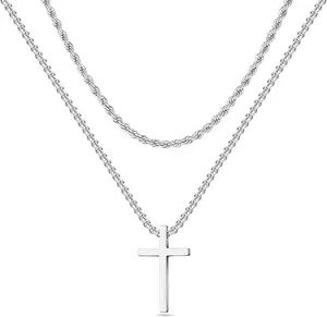Mens Cross Necklaces Stainless Steel Layered Plain Cross Pendant Rope Box Chain Necklace Simple Cross Necklace