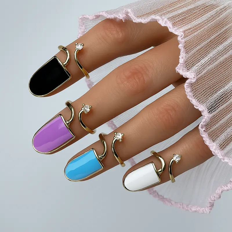 Gold Nail Ring with Crystal - Adjustable Colorful Fingertip Jewelry