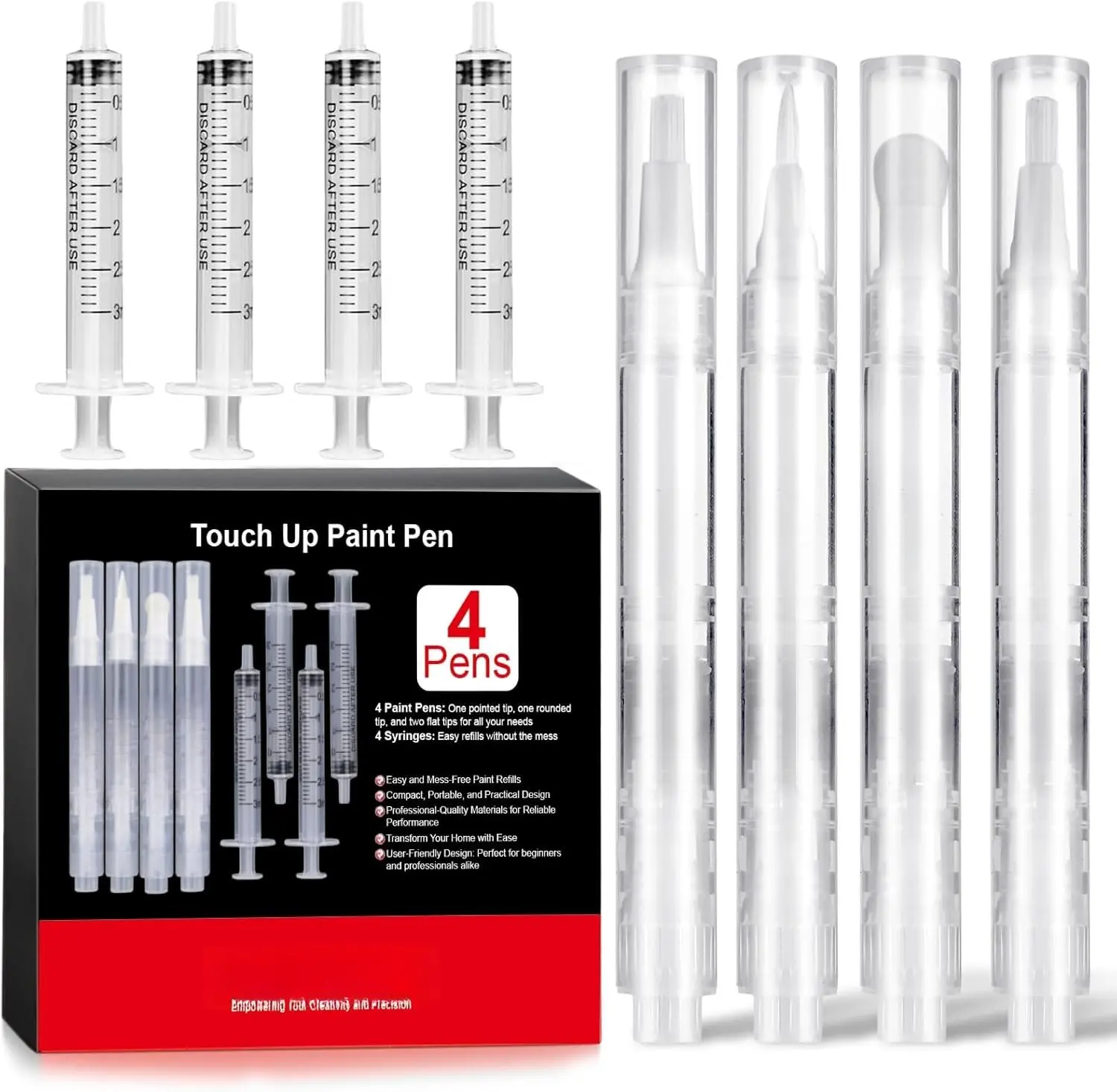 Touch Up  Pen 8 count Set 4  Touch Up Pens Fillable with Pointed, Round & Flat Tips Brushes Ideal for Wall Repair Window  Furniture Cabinet