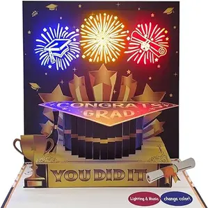 2024 Graduation Fireworks 3D pop up Greeting Card with Music &Lights, Congratulations personalized gift for high school, college, university master's, Open the card freed “fireworks and cheers”
