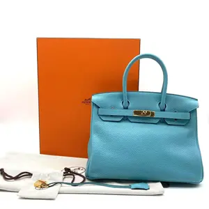 Pre-owned HERMÈS leather Top handle bag Birkin 30 Togo Blue Saint Clemence