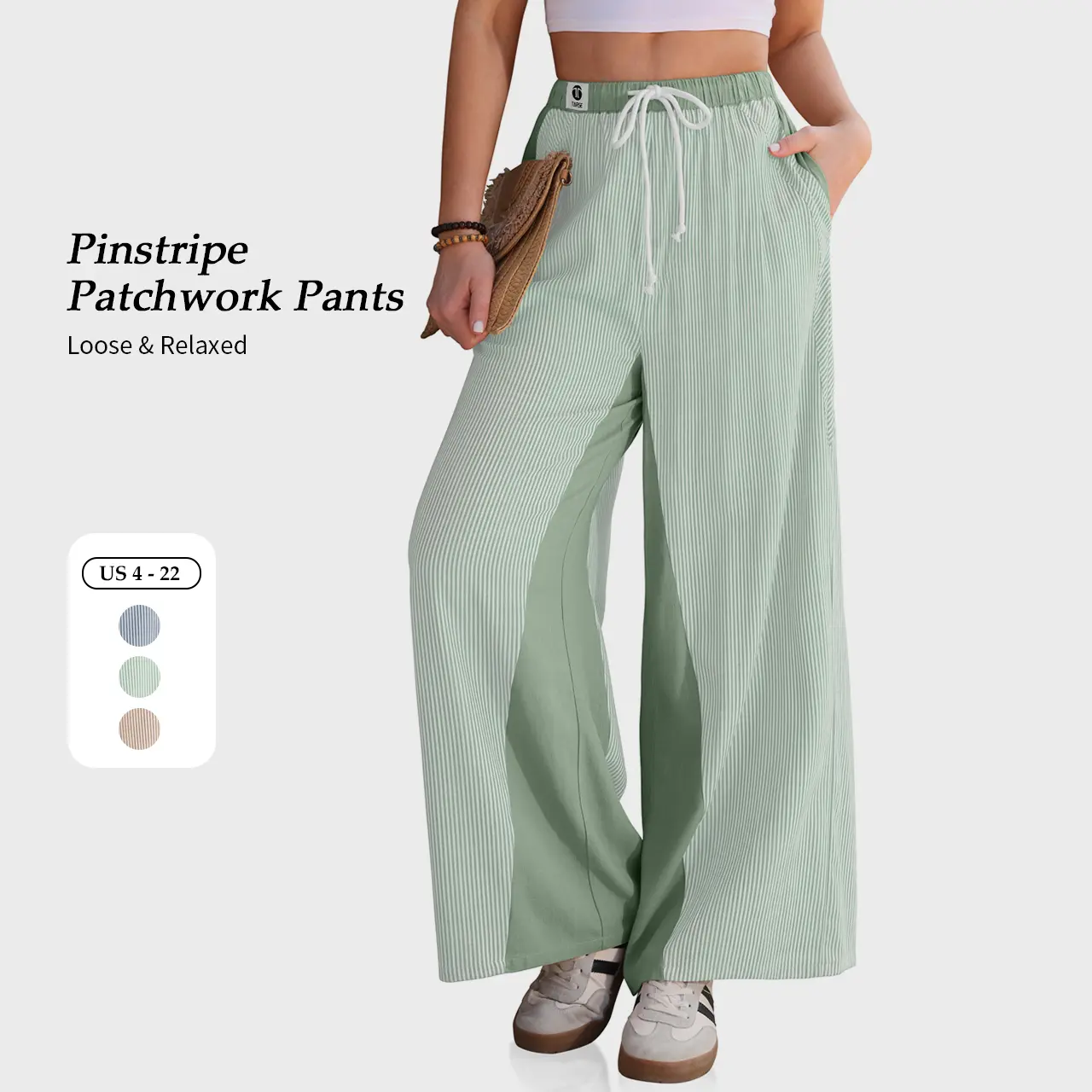 【SS26 Collection】TARSE Women’s Linen Blend Wide Leg Pants Curved Seams Striped Drawstring Elastic Waist Loose Summer Boho Casual Trendy Pants with Pockets